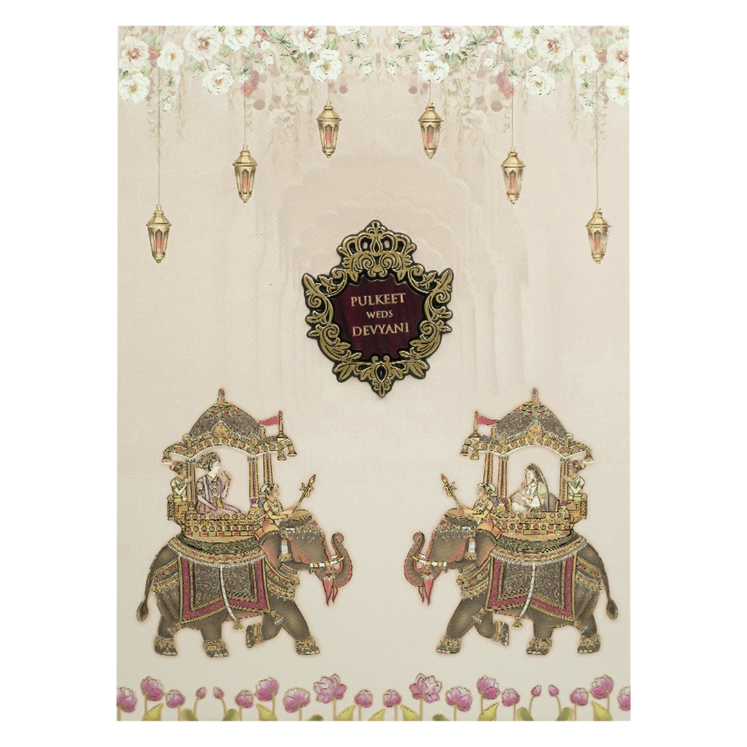 Cream Elephant Procession Padded Wedding Card-KJTS1730