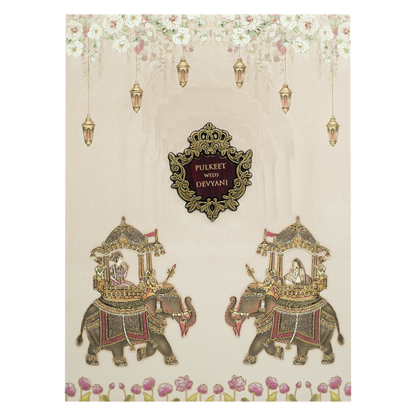 Cream Elephant Procession Padded Wedding Card-KJTS1730