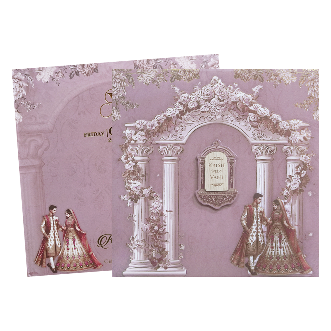 Purple  Floral padded Pillar Wedding Card -KVN07530