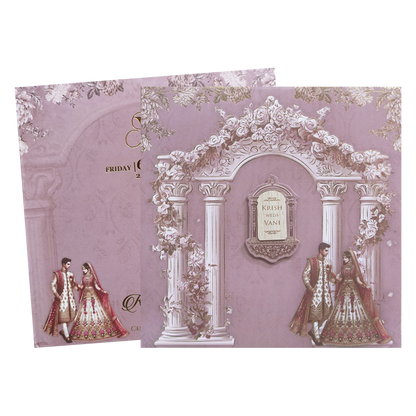 Purple  Floral padded Pillar Wedding Card -KVN07530