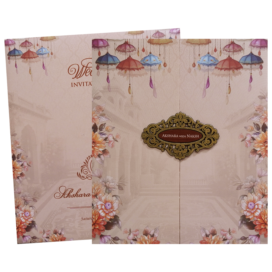 Cream Umbrella Floral Door Wedding Invitation Card - KVN07630