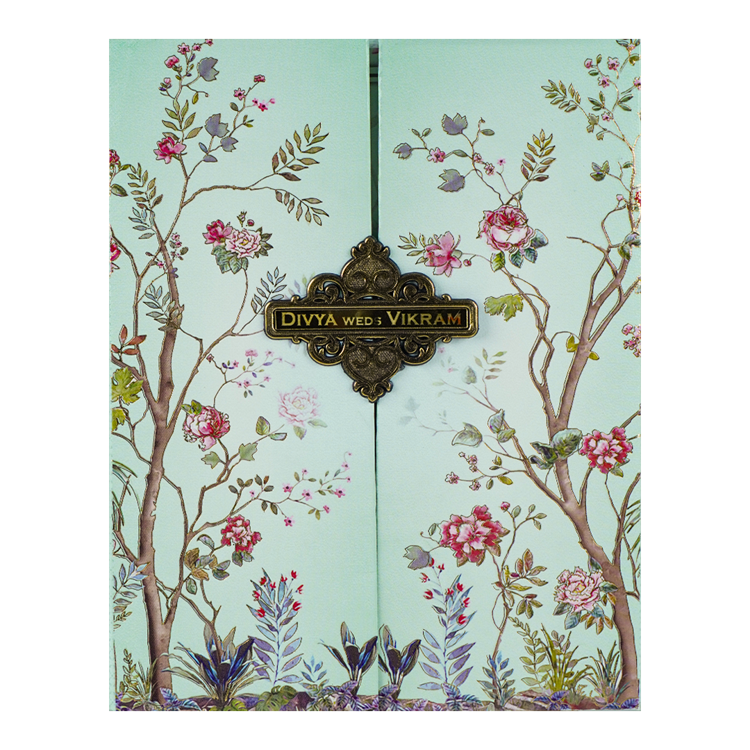 Blue Padded Floral Wedding Card-KNMO9316