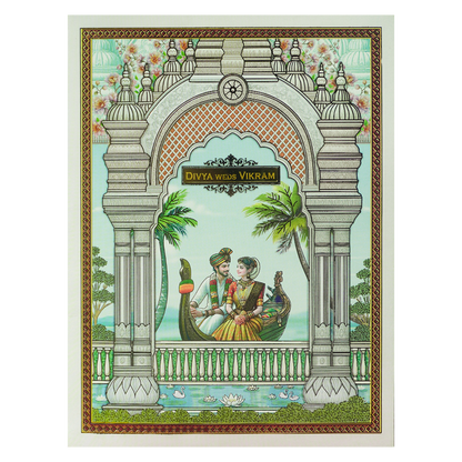 Blue Jharokha Boat Palms Wedding Card-KNKJ1156