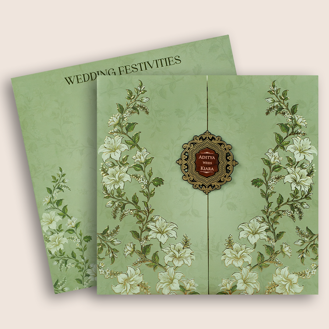 Green Embossed Lilly Flower Door Style Wedding Card - KFR17170
