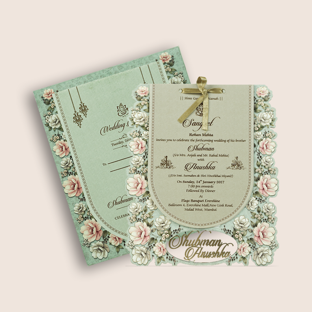 Teal Green Floral MDF Laser Cut Wedding Invitation Card - KRB10050