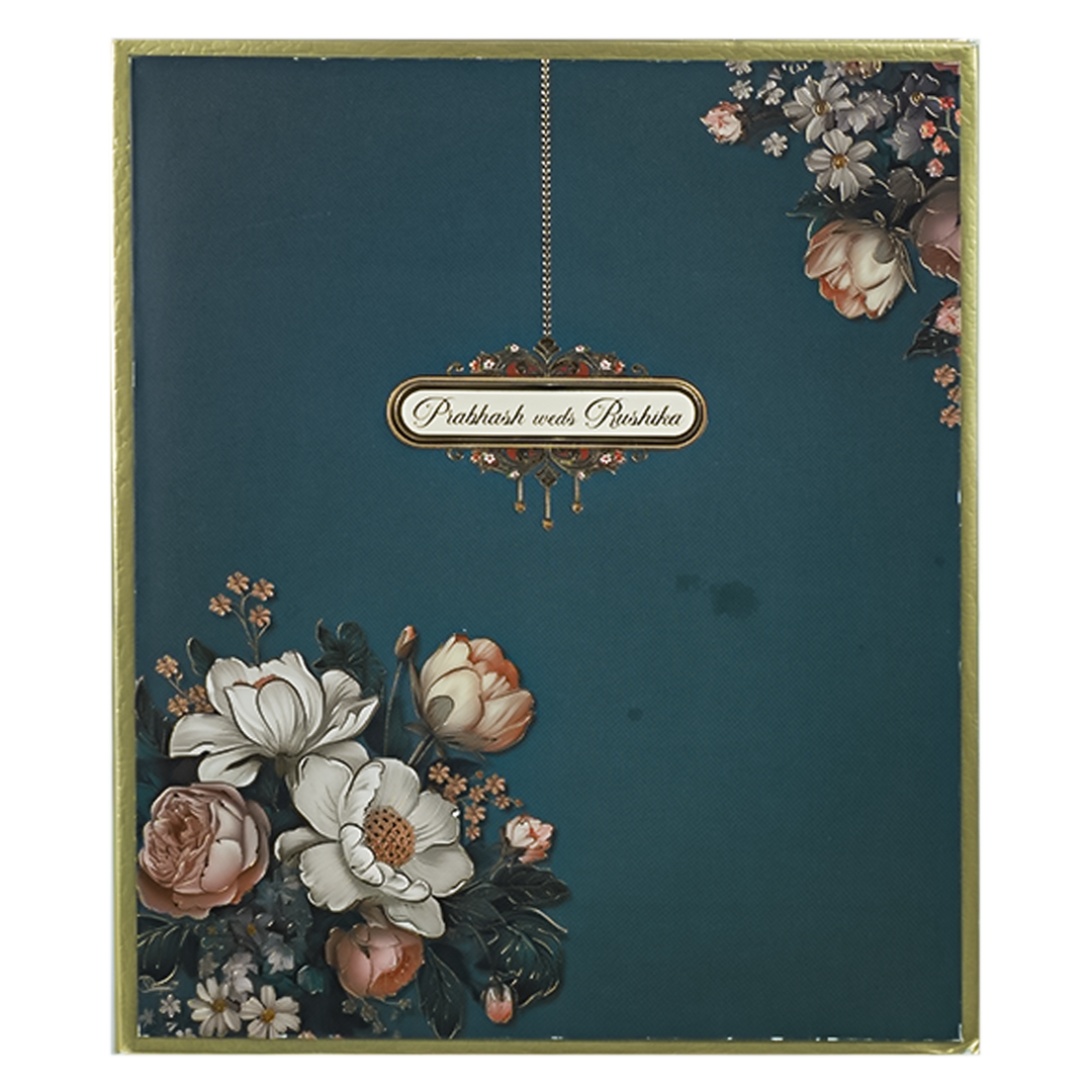 Blue Padded Floral Wedding Card-KAK01640