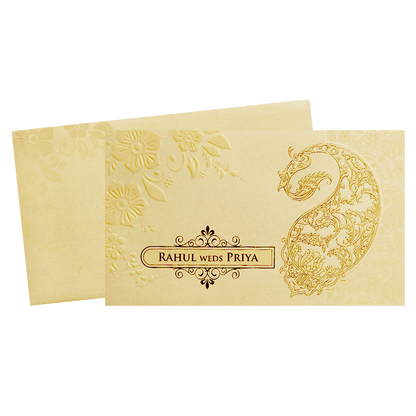 Light Yellow Gold Embossed Paisley Wedding Invitation Card-KPR06380
