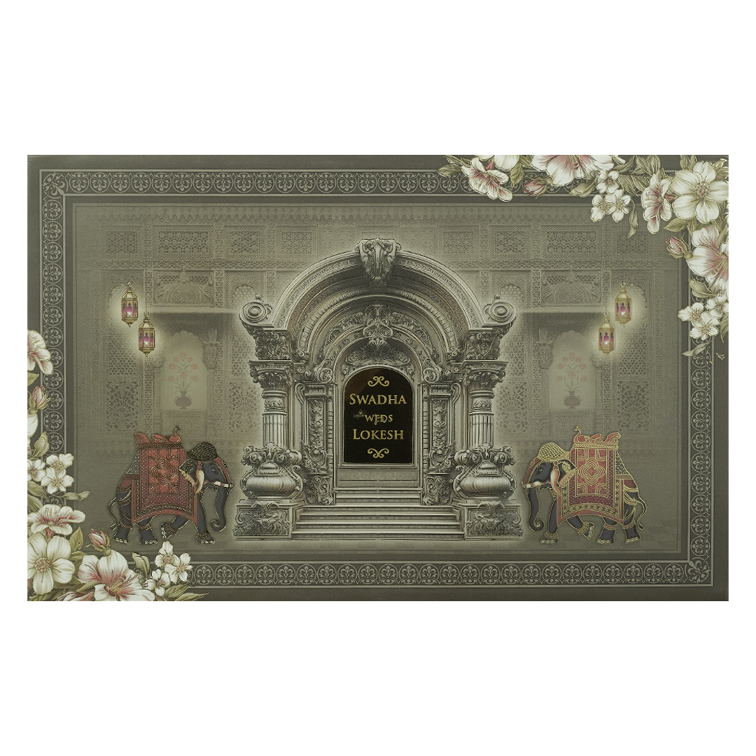 Grey Palace Arch Floral Padded Wedding Card-KRE27810