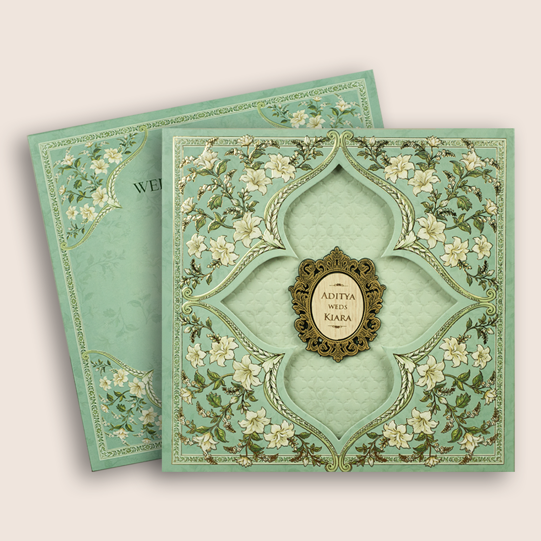 Green Floral Laser Cut Padded Wedding Invitation - KFR17460