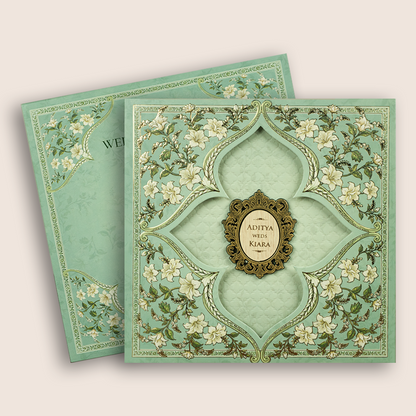 Green Floral Laser Cut Padded Wedding Invitation - KFR17460