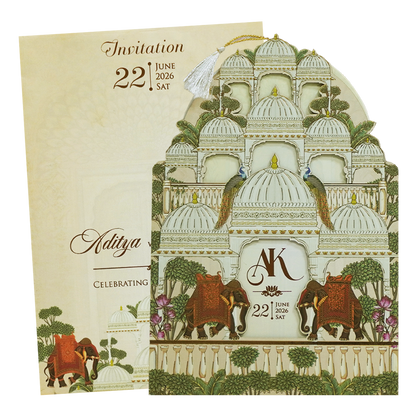 Cream Gold Dome Theme Elephant Wedding Card - KFR16120