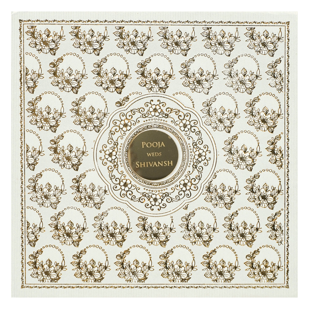 White Gold Floral Padded Wedding Card-KRE27570