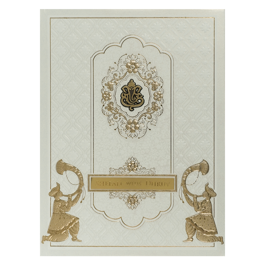 White Ganesha Embossed Padded Wedding card-KRE28110