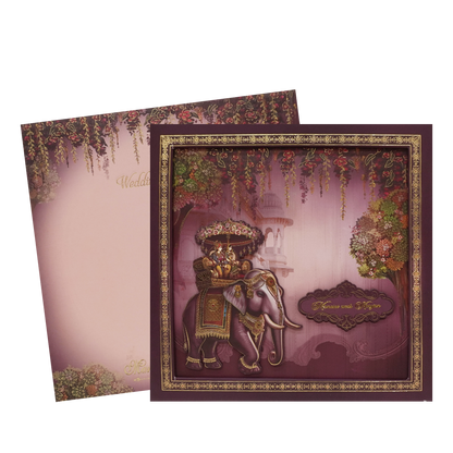 Purple Gold Elephant Palace Padded Wedding Card - KMMEX8030