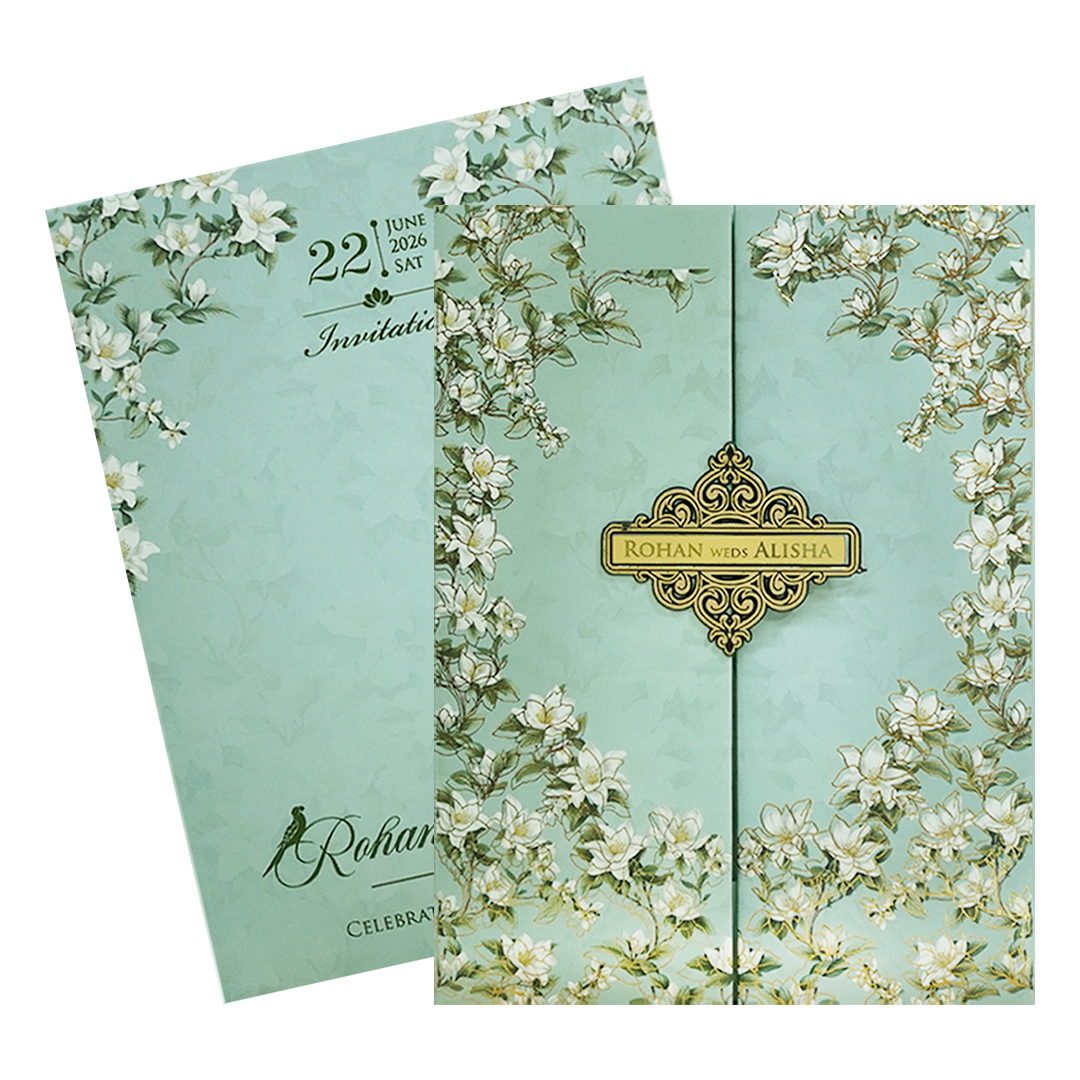 Mint Green Magnolia Floral Padded Wedding Card - KFR16410