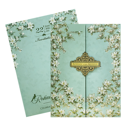 Mint Green Magnolia Floral Padded Wedding Card - KFR16410