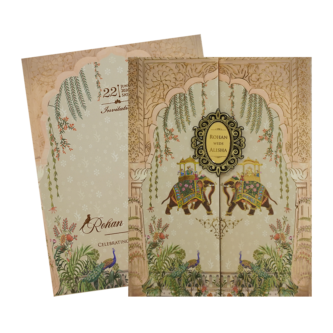 Beige Gold Elephant and Peacock Theme Wedding Card - KFR16450