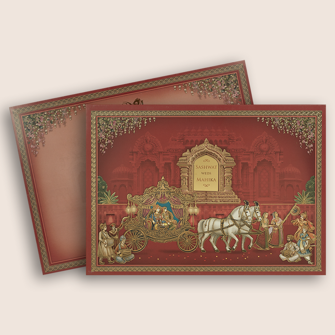 Red Horse Chariot Padded Wedding Invitation Card - KRE28750