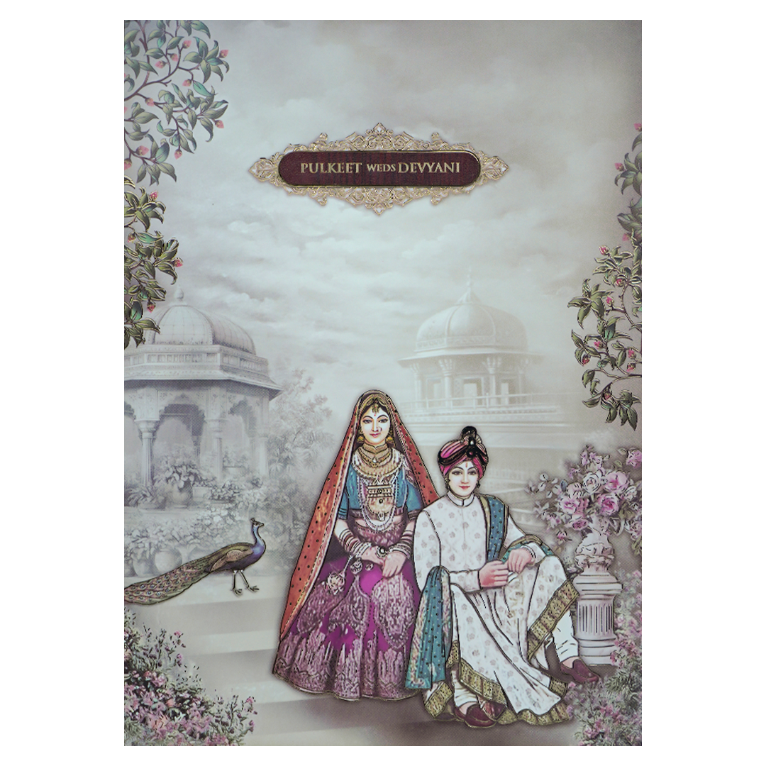 Cream Maharaja Couple Padded Wedding Card-KJTS1816