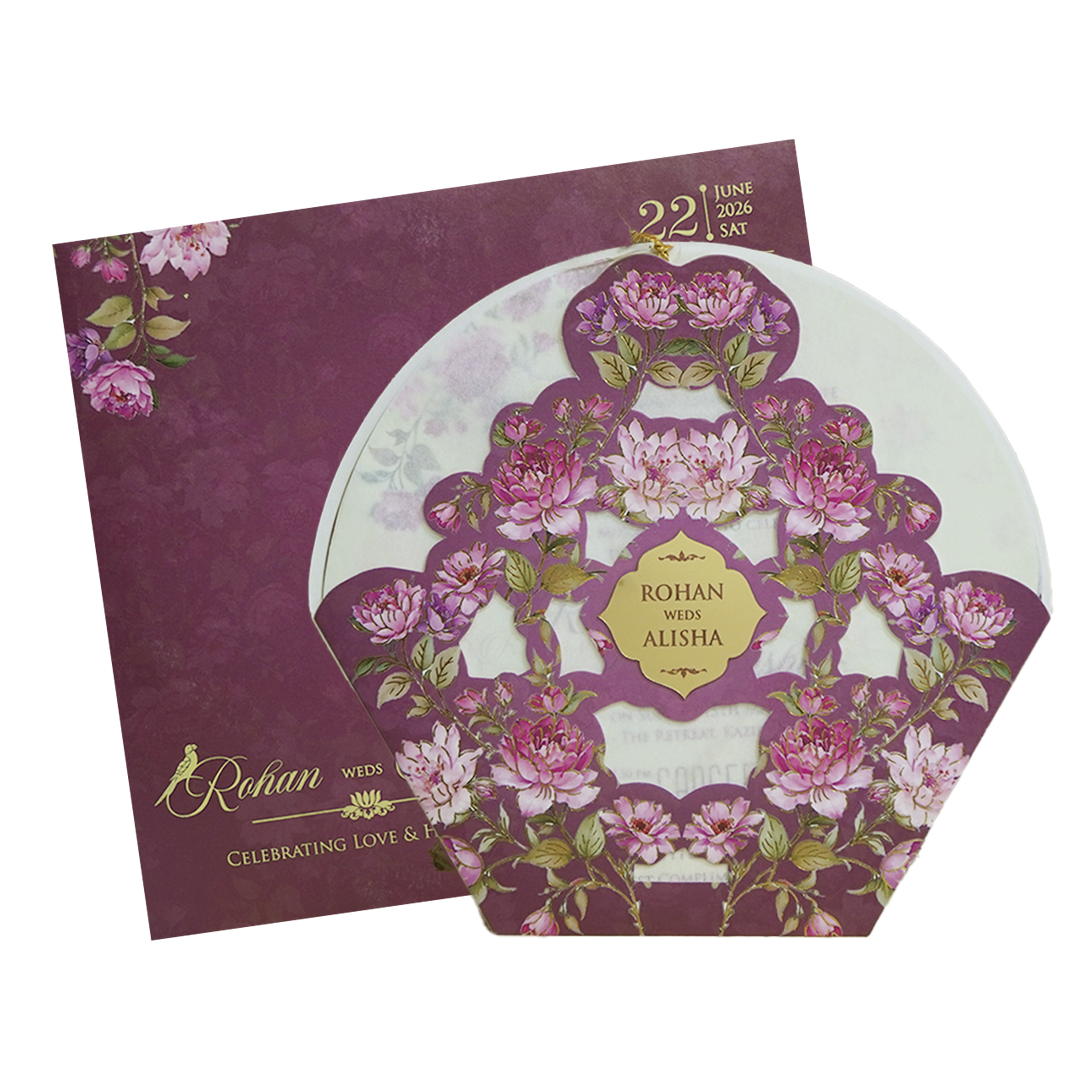Royal Purple Laser Cut Floral Arch Wedding Card - KFR16190