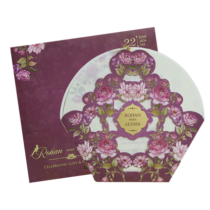 Royal Purple Laser Cut Floral Arch Wedding Card - KFR16190