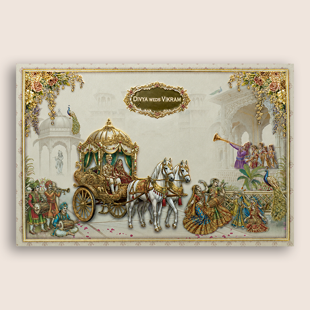 Cream Royal Horse Baraat Wedding Card - KNKT1901C