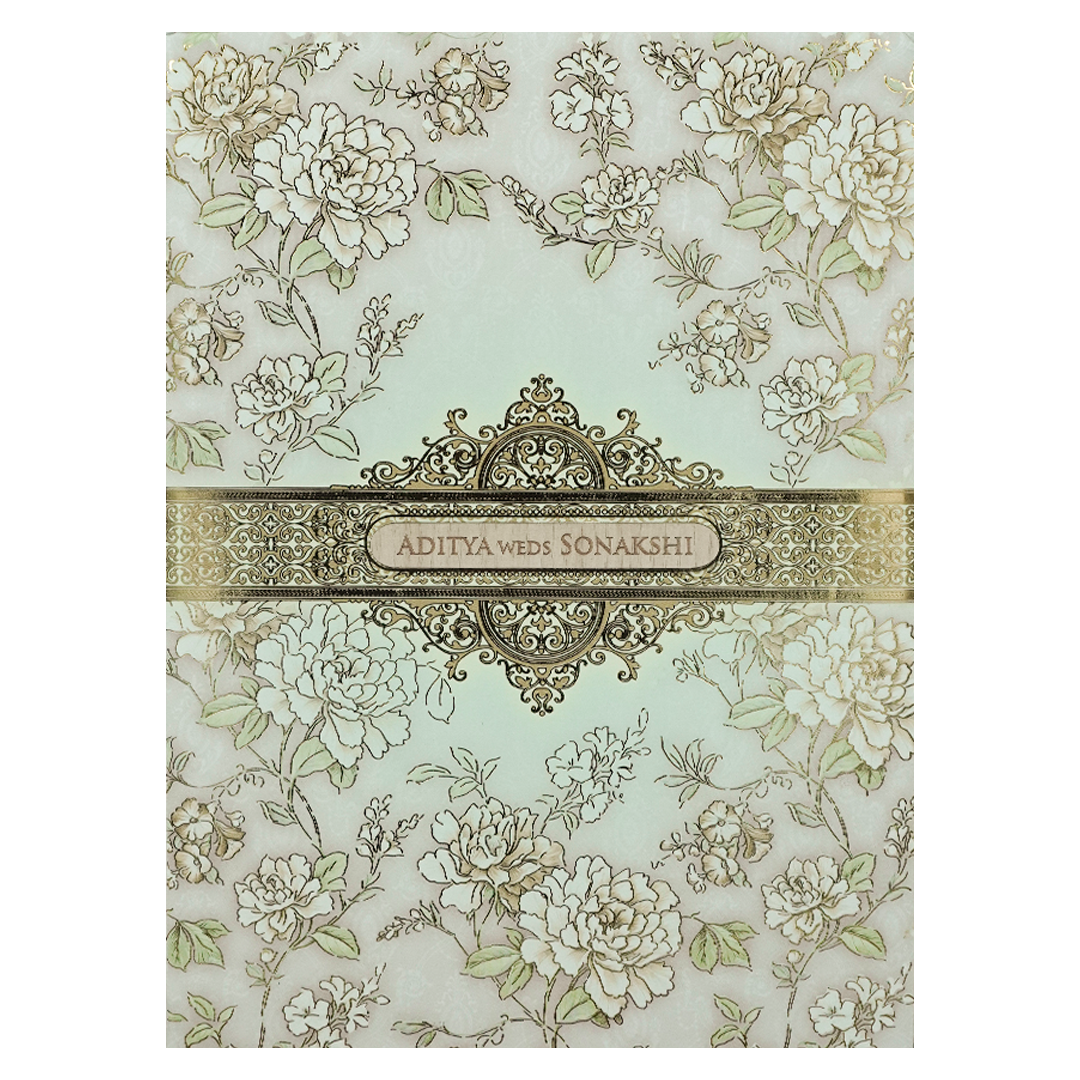 Green Floral Gold Frame Padded Wedding Card-KRE27240