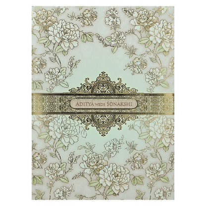 Green Floral Gold Frame Padded Wedding Card-KRE27240