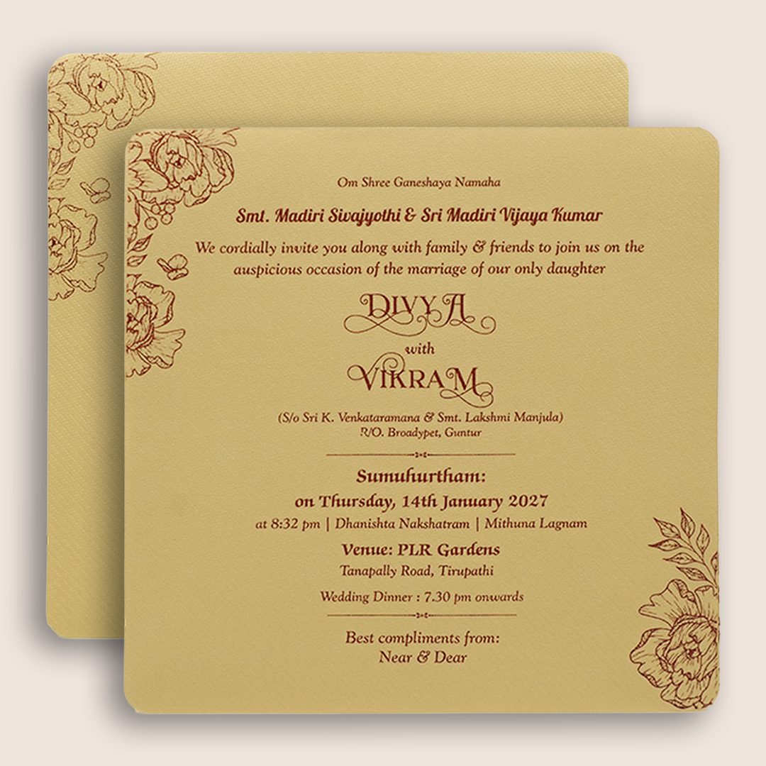 Ivory Floral Wedding Invitation Card - KNKD2801G