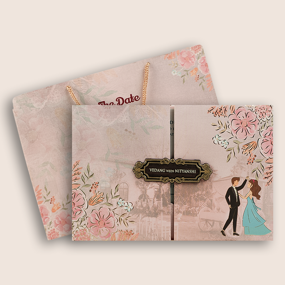 Pink Bride Groom Padded Door Style Wedding Card - KVN06420