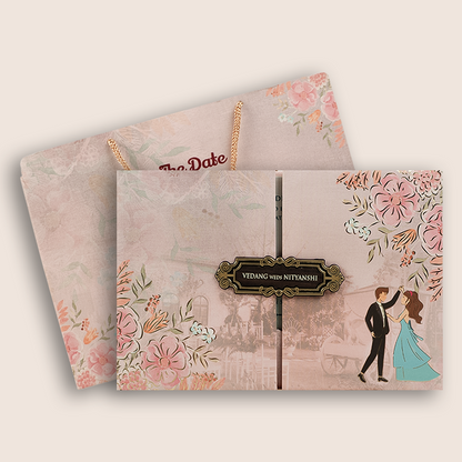 Pink Bride Groom Padded Door Style Wedding Card - KVN06420