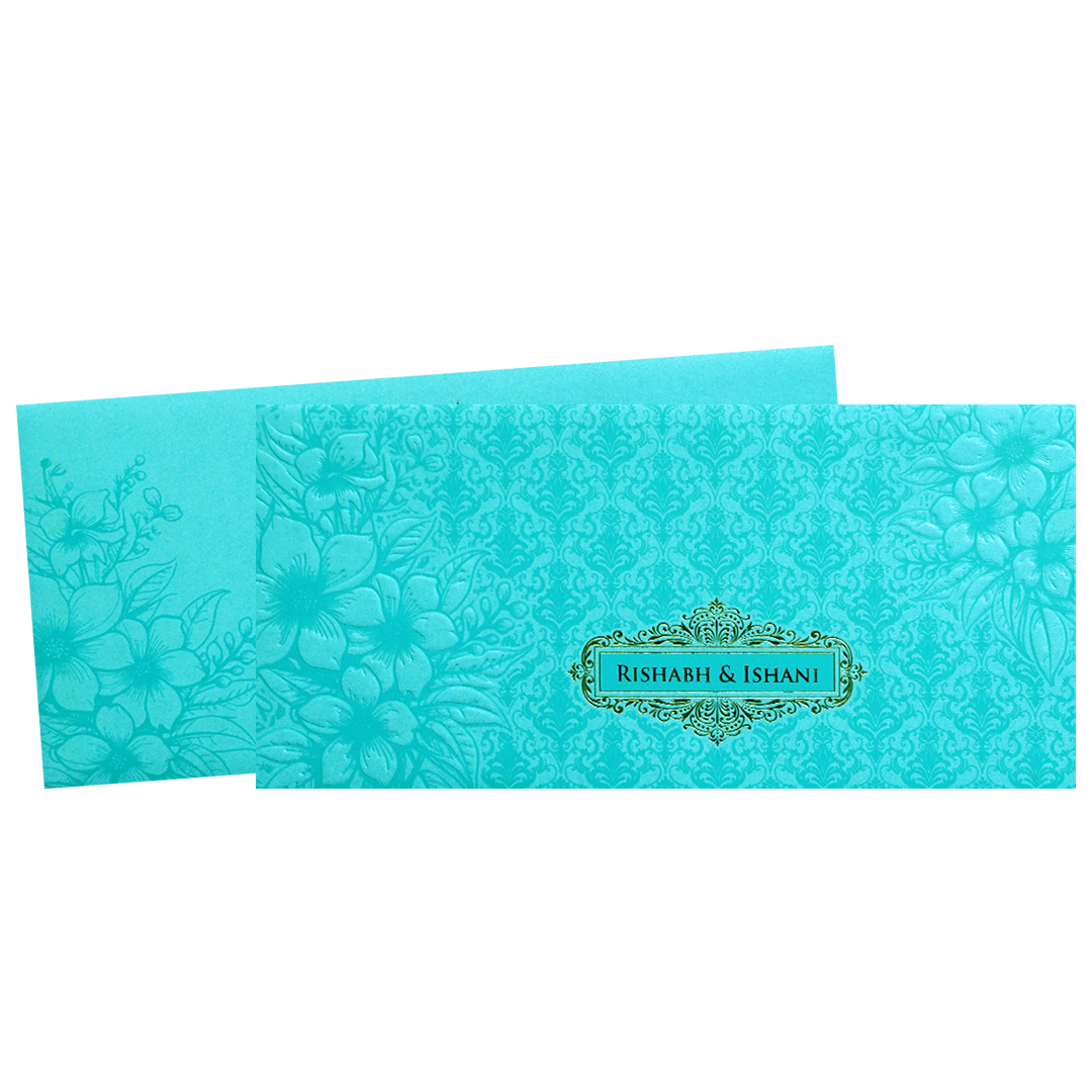 Blue Embossed Floral Wedding Invitation Card-KPR06320