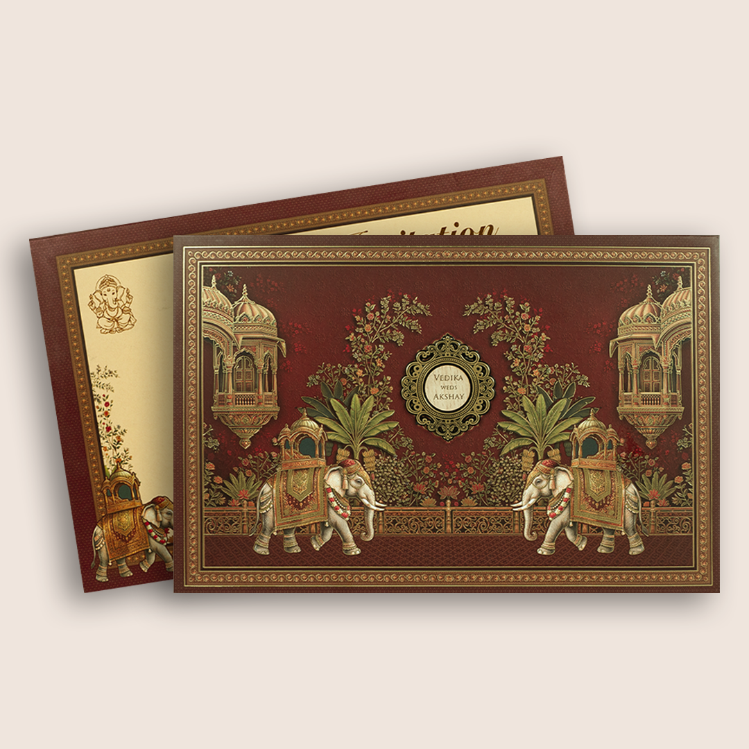 Wine Royal Elephant Padded Wedding Card - KSH18040