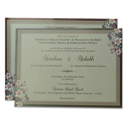 Green Floral Monogram Padded Wedding Card - KSI64120