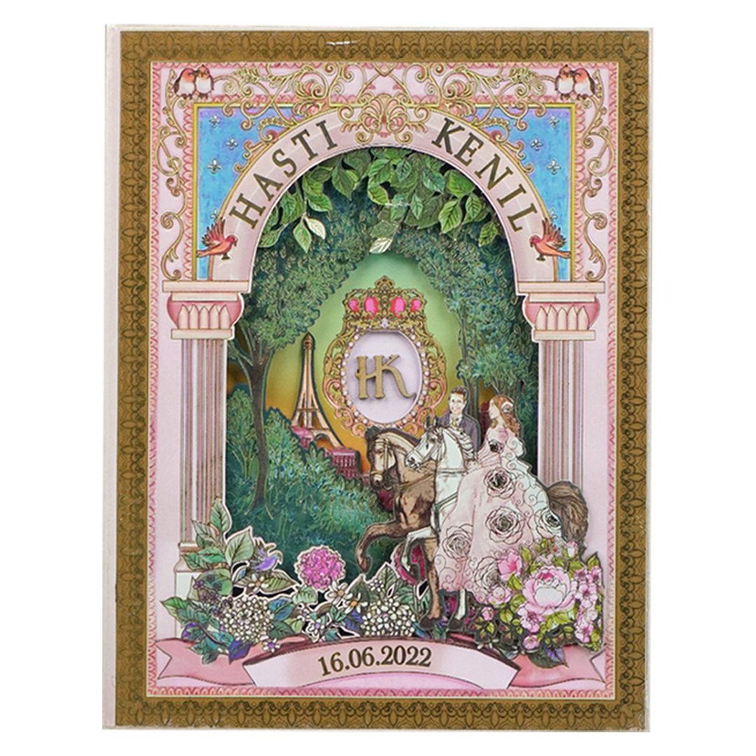 Pink Floral Bride Groom Laser-Cut Wedding Card-KNKUP047