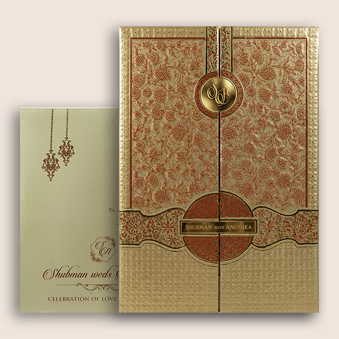 Gold Embossed Floral Door Style Padded Wedding Card - krb10411