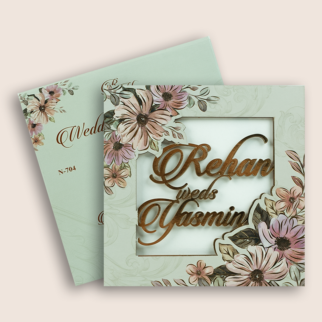 Pale Green Floral MDF Laser Cut Wedding Invitation - KVN07040