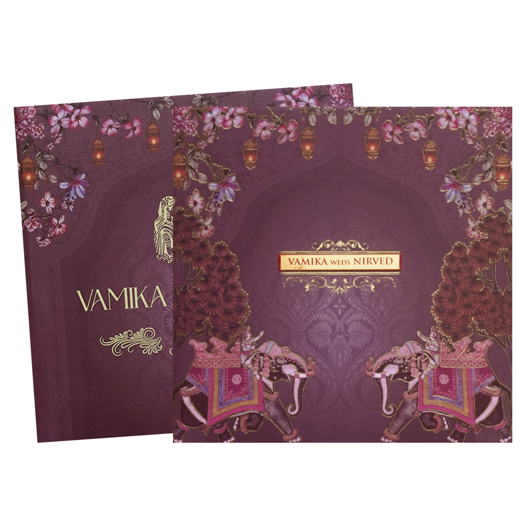 Purple Padded Lantern Elephant Wedding Card - KVN07500