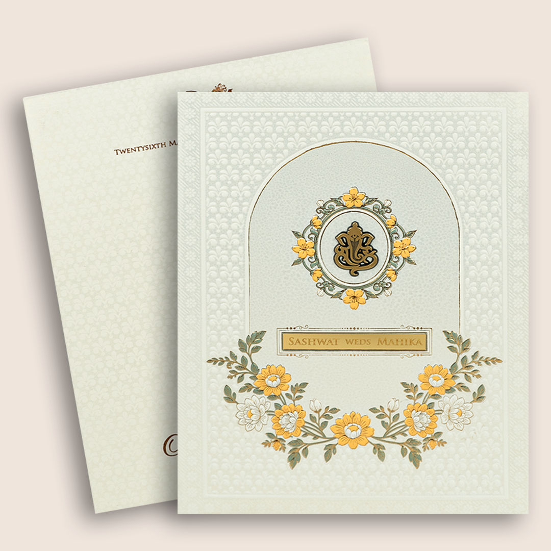 White Embossed Floral Padded Invitation Card - KRE29110