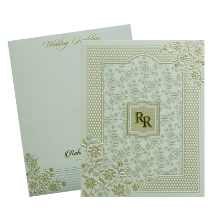 Beige Grey Floral Embossed Classic Wedding Card - KMMWD1109