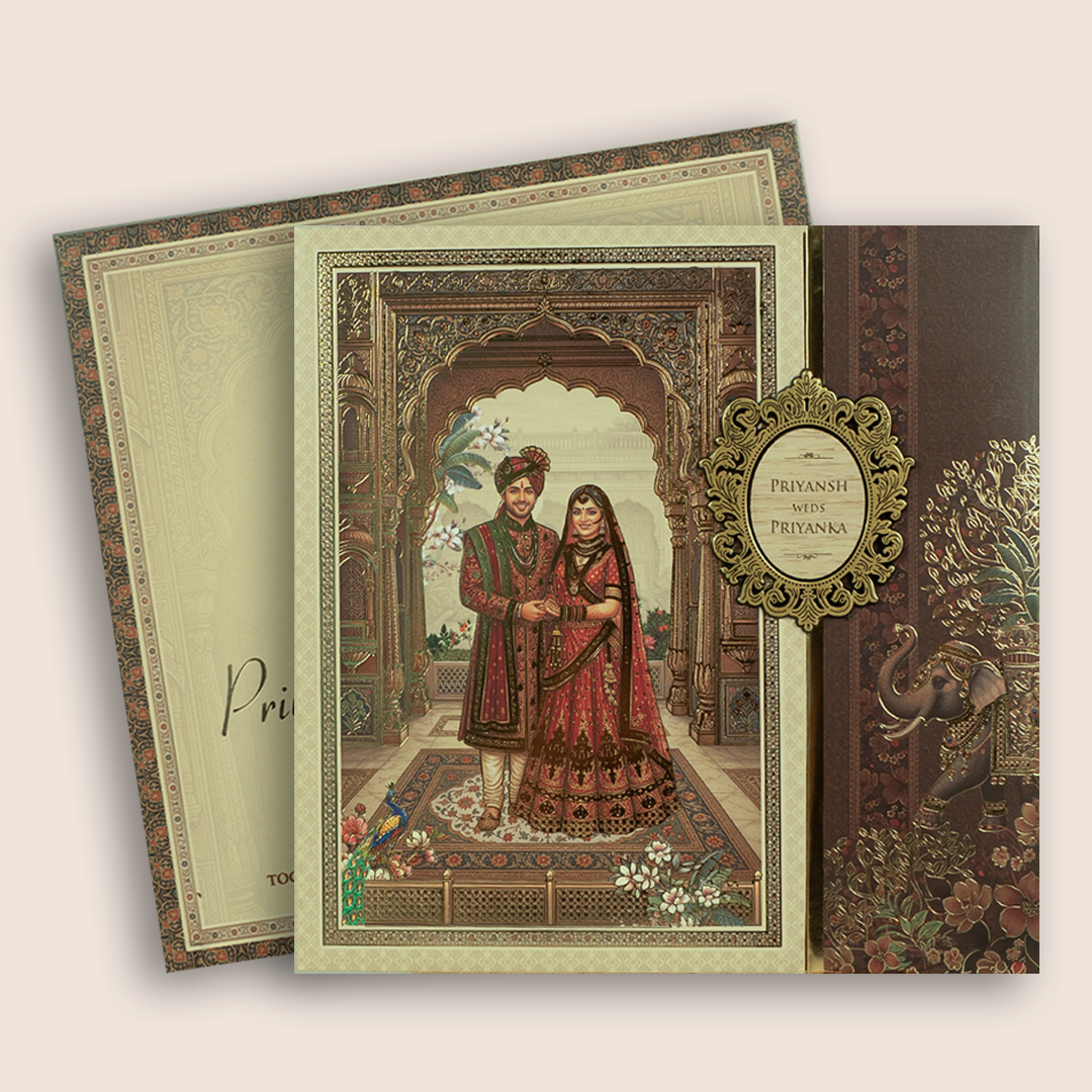 Brown Bride Groom Padded Door Style Invitation Card - KSH18770