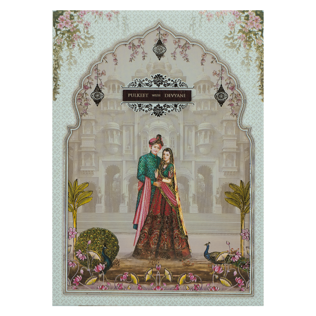 White Palace Couple Padded Wedding Card-KJTS1760