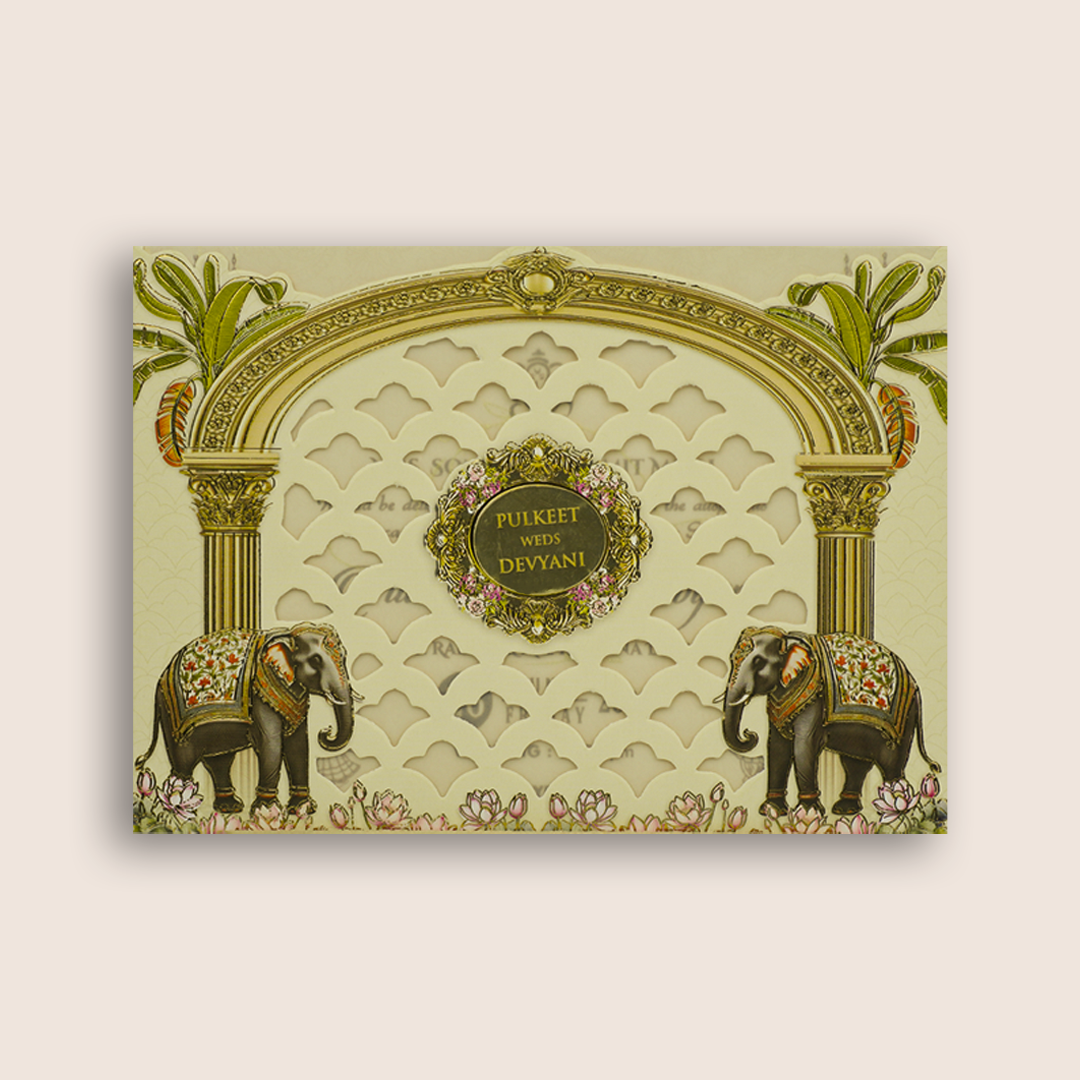 Cream Royal Elephant Laser Cut Wedding Invitation Card - KJTS1812
