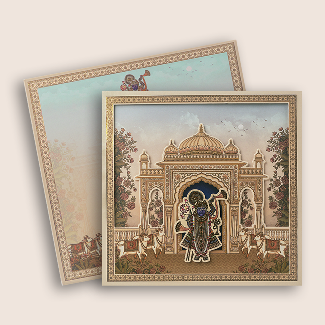 Cream Lord Shrinathji Laser Cut Padded Wedding Card - KAA06210