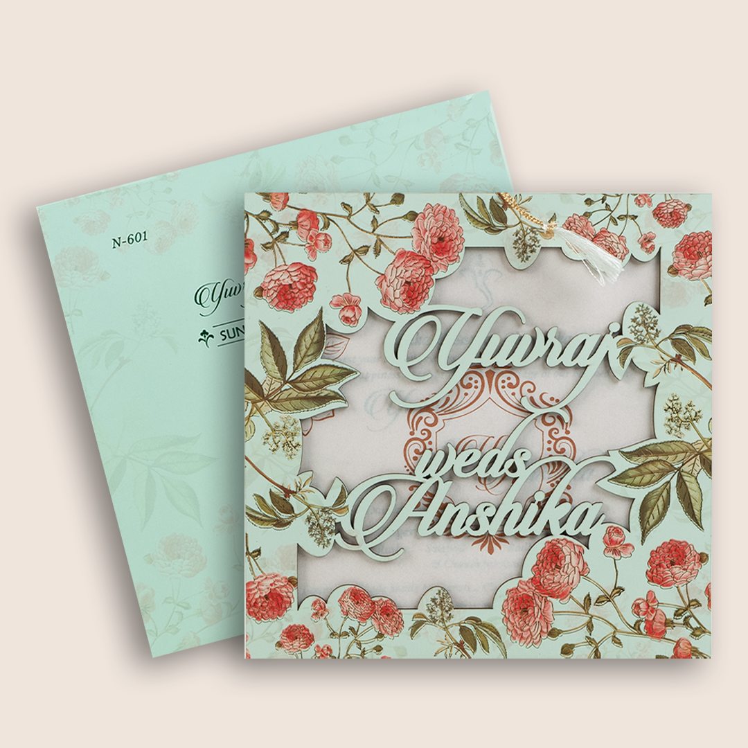 Pastel Green Floral MDF Marriage Invitation - KVN06010