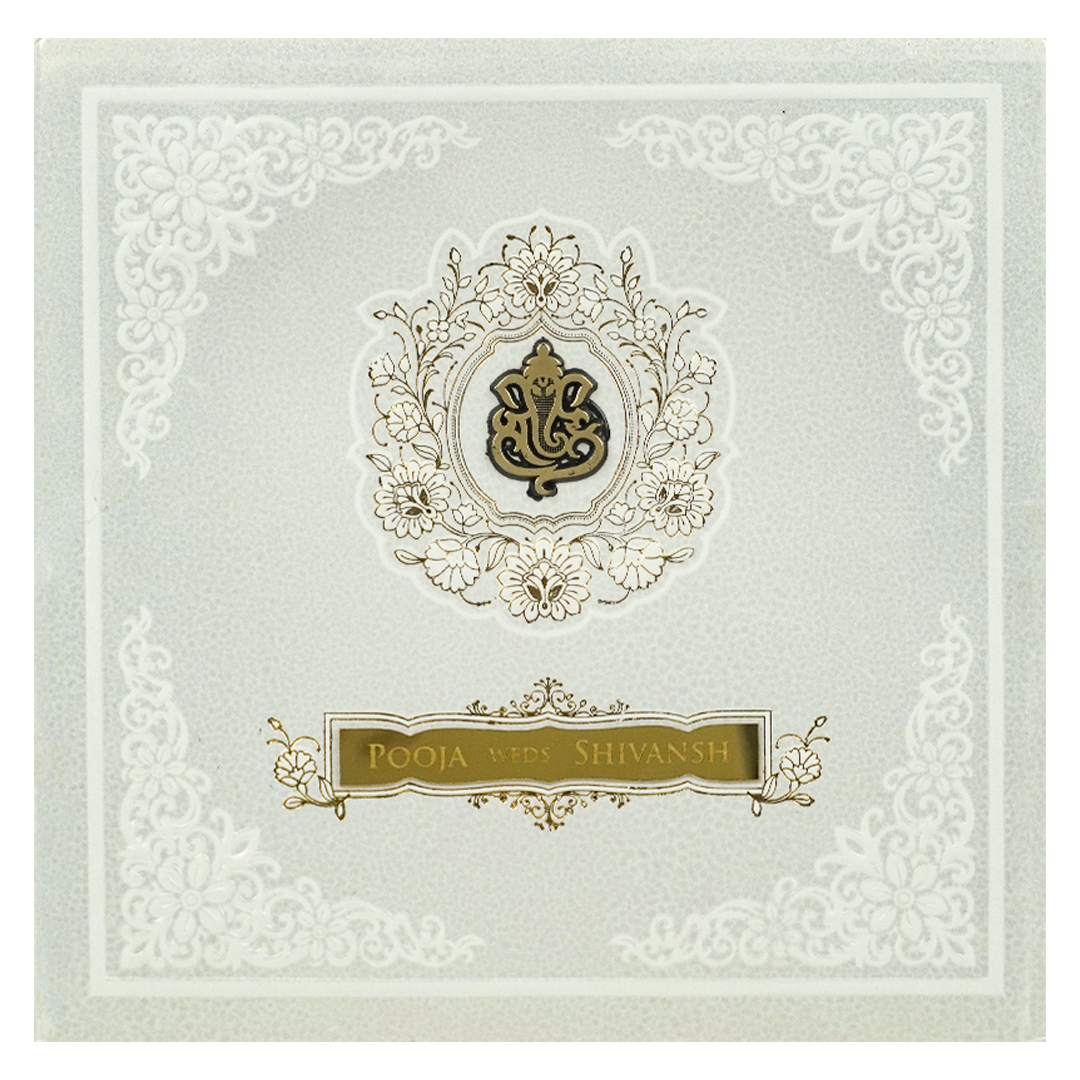 White Ganesha Floral Padded Wedding Card-KRE27580