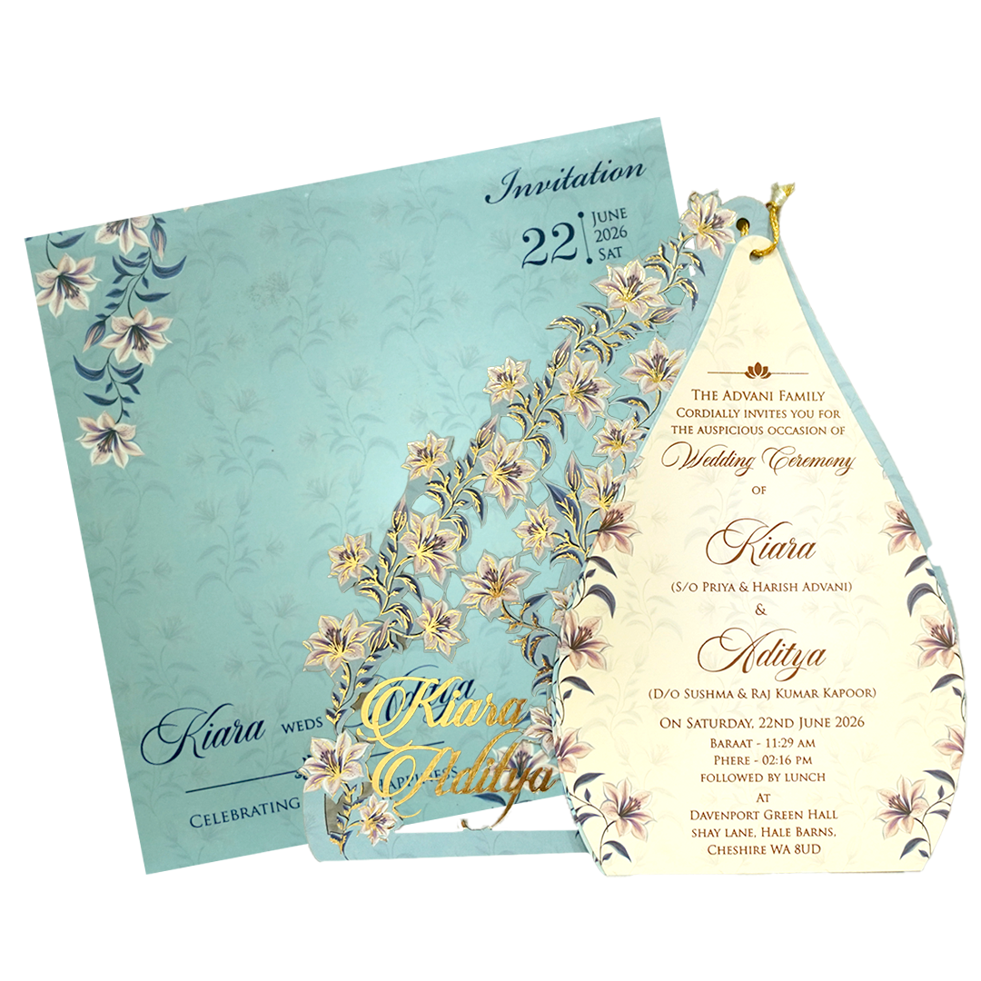 Powder Blue Floral Laser Cut Wedding Card - KFR16090