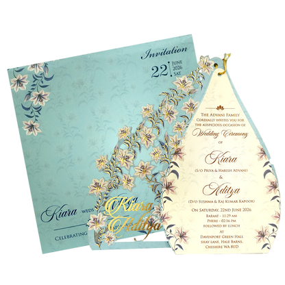 Powder Blue Floral Laser Cut Wedding Card - KFR16090