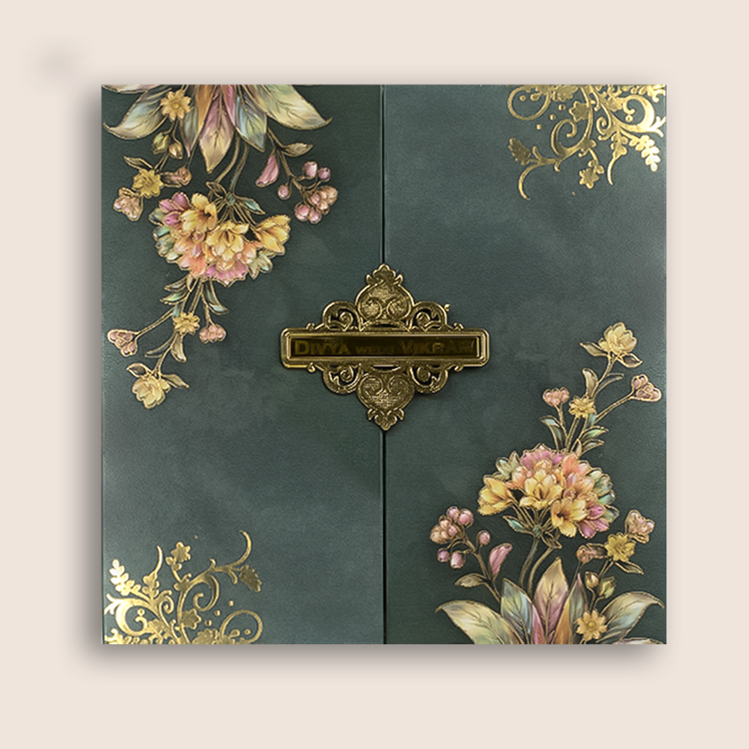 Green Floral Door Style Padded Wedding Card - KNAM4903