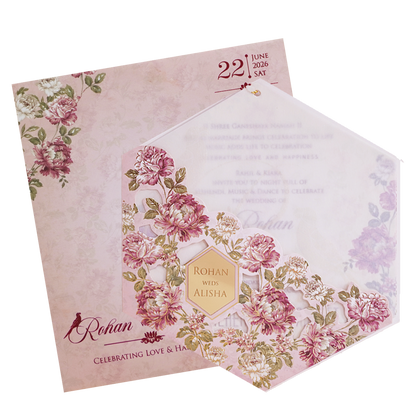 Pink Floral Parrot Laser Cut Wedding Card - KFR15170